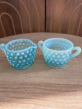 Vintage Fenton Blue Opalescent Hobnail Creamer and Sugar Set